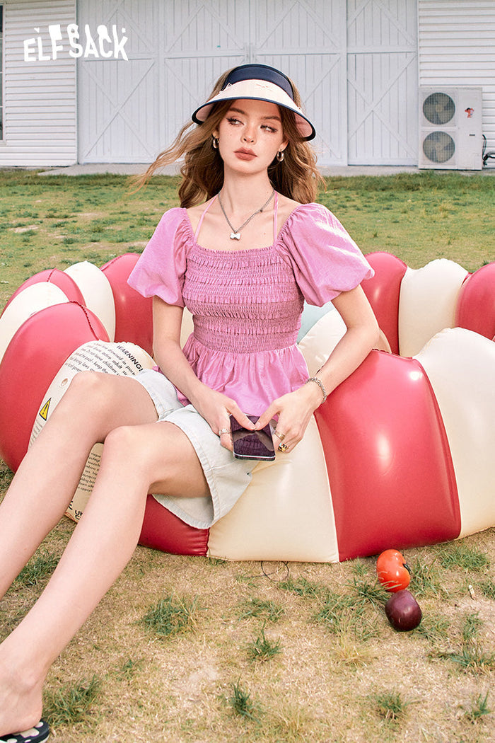 ELFSACK Puff Sleeve Square Neck Halter Sweet Lazy Chiffon Shirt