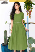 ELFSACK Puff Sleeve Tie Waist Split Midi Dress