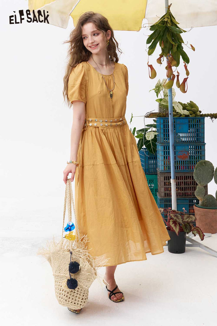 ELFSACK Puff Sleeve Tie Waist Split Midi Dress