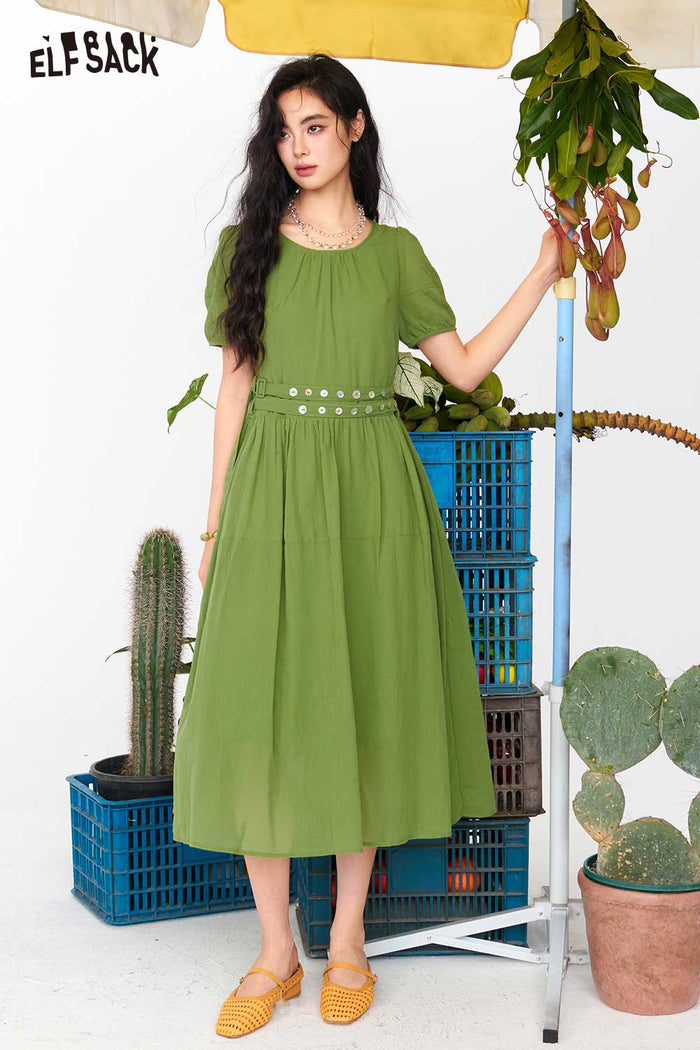 ELFSACK Puff Sleeve Tie Waist Split Midi Dress