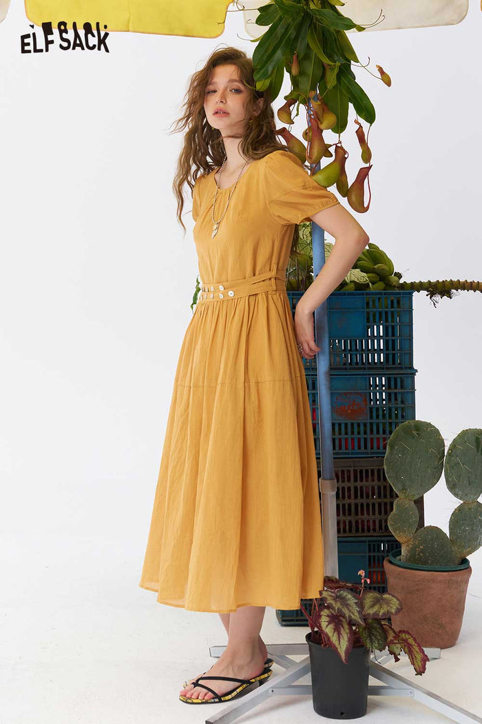 ELFSACK Puff Sleeve Tie Waist Split Midi Dress