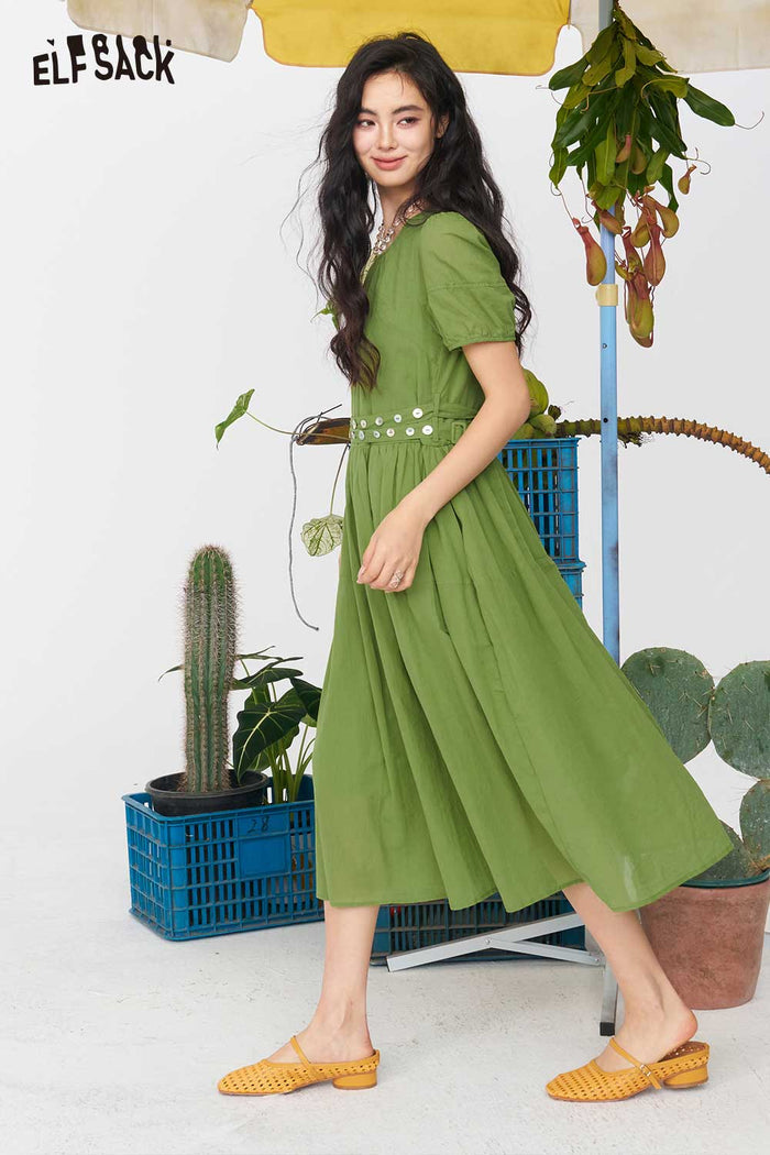 ELFSACK Puff Sleeve Tie Waist Split Midi Dress
