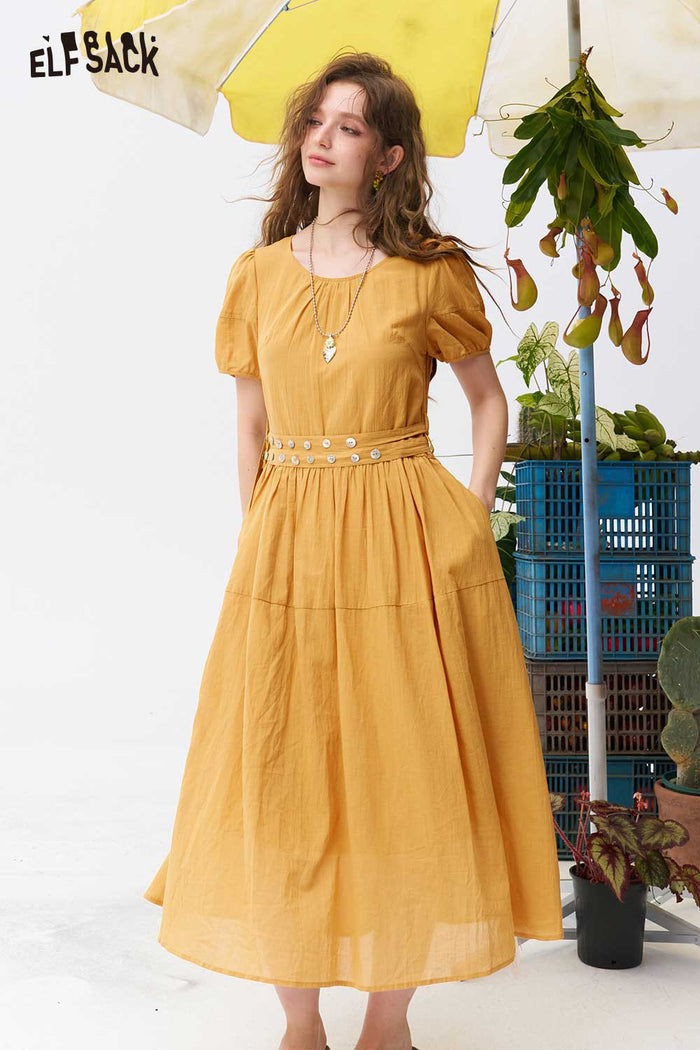 ELFSACK Puff Sleeve Tie Waist Split Midi Dress
