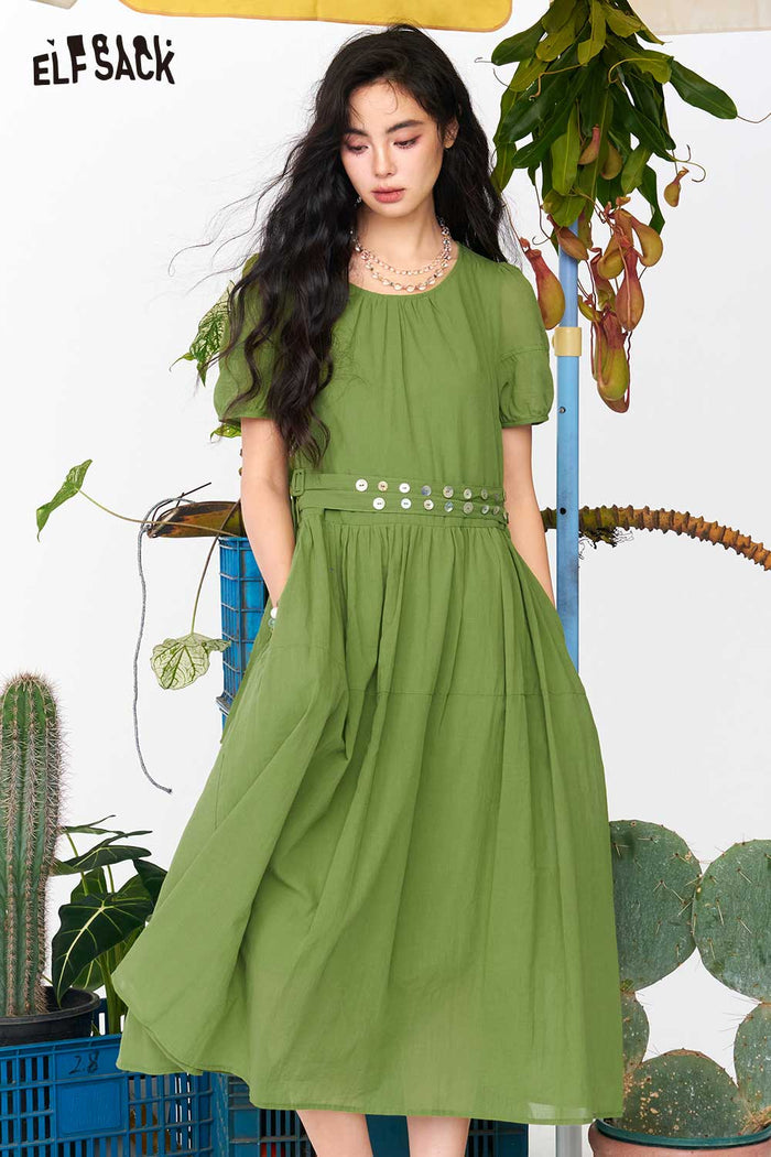 ELFSACK Puff Sleeve Tie Waist Split Midi Dress