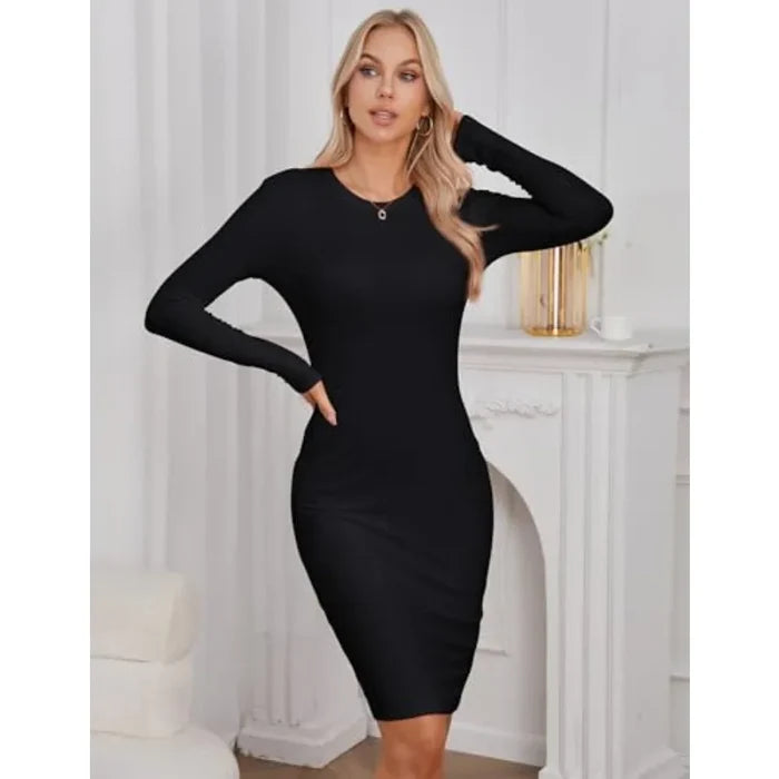 Qaffier Bodycon Dresses for Women Long Sleeve Dress Casual Crew Neck Slim Fitted Fleece Midi Dresses