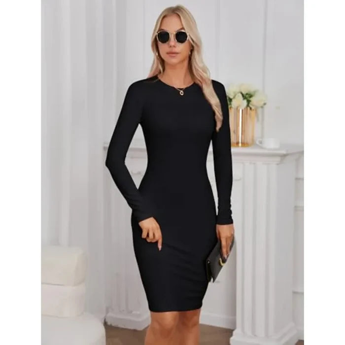 Qaffier Bodycon Dresses for Women Long Sleeve Dress Casual Crew Neck Slim Fitted Fleece Midi Dresses