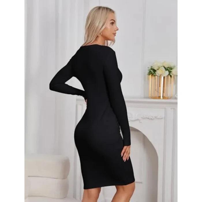 Qaffier Bodycon Dresses for Women Long Sleeve Dress Casual Crew Neck Slim Fitted Fleece Midi Dresses