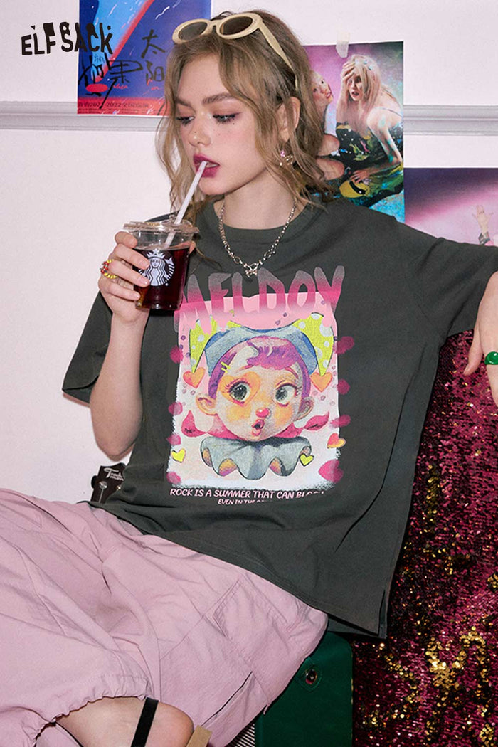 ELFSACK Quirky Clown Girl Print Oversized Tee