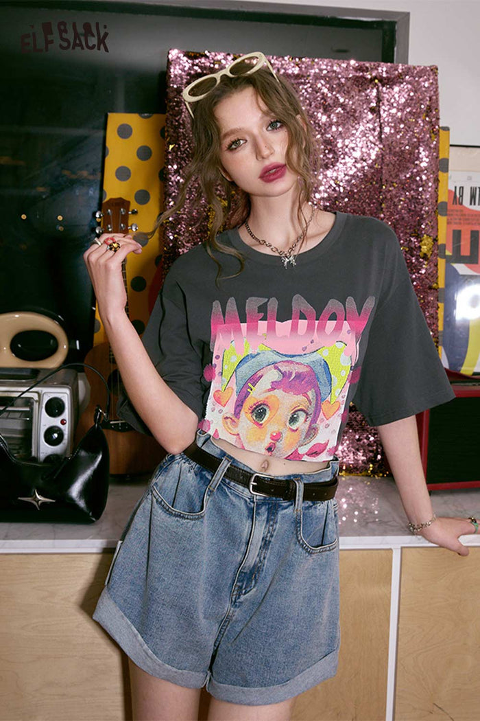 ELFSACK Quirky Clown Girl Print Oversized Tee