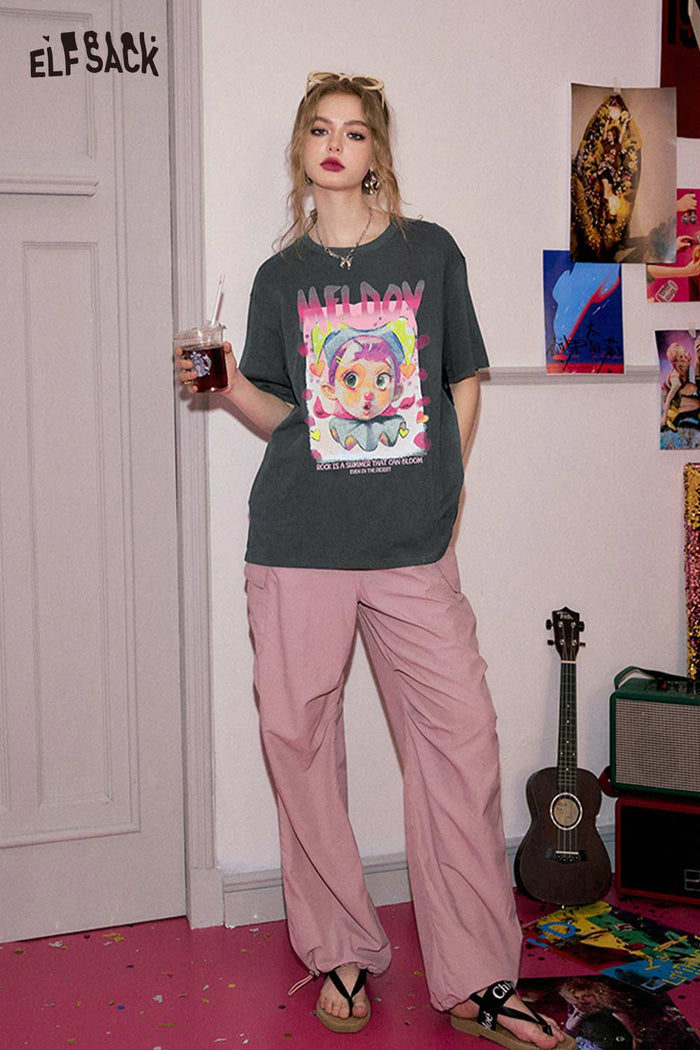 ELFSACK Quirky Clown Girl Print Oversized Tee