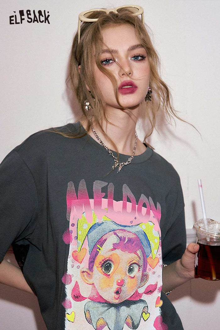 ELFSACK Quirky Clown Girl Print Oversized Tee