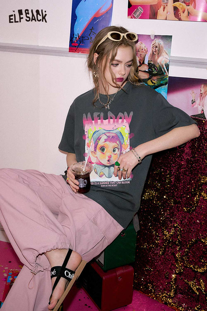 ELFSACK Quirky Clown Girl Print Oversized Tee