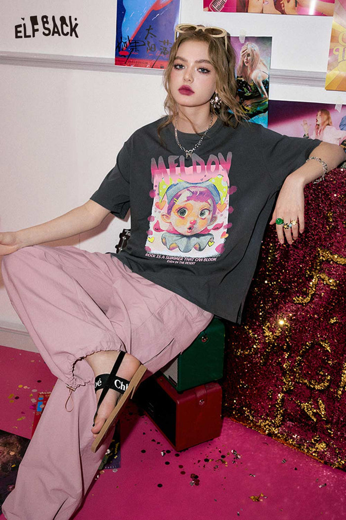 ELFSACK Quirky Clown Girl Print Oversized Tee