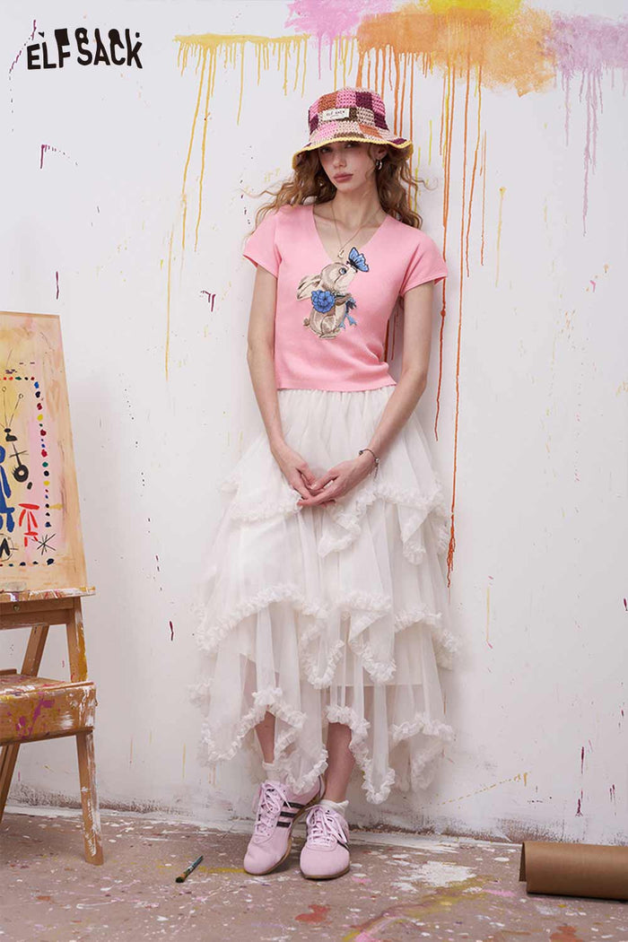 ELFSACK Rabbit Butterfly Applique Ribbed Knit Top