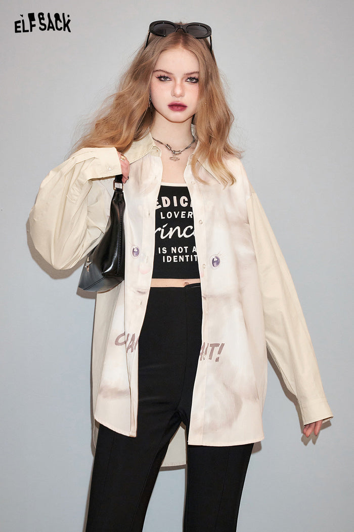 ELFSACK Rabbit print blue shirt's spring design sense long sleeved shirt jacket