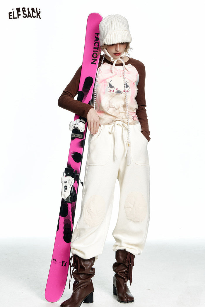 ELFSACK Rabbit print y2k raglan long sleeve short T-shirt