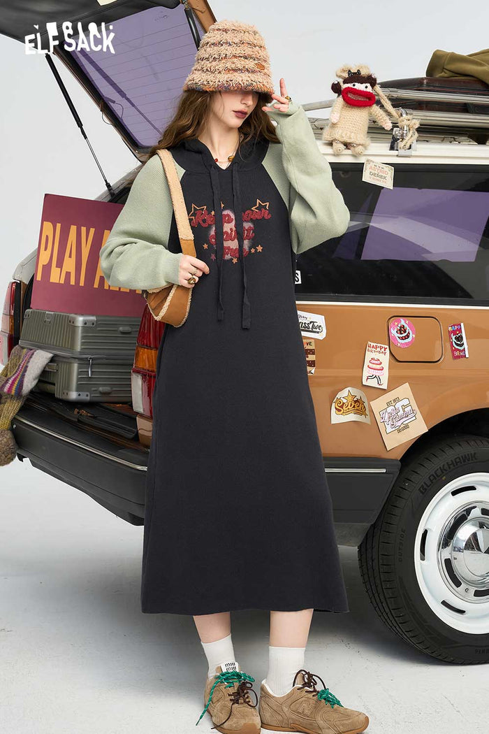 ELFSACK Raglan Color Block Graphic Hooded Dress