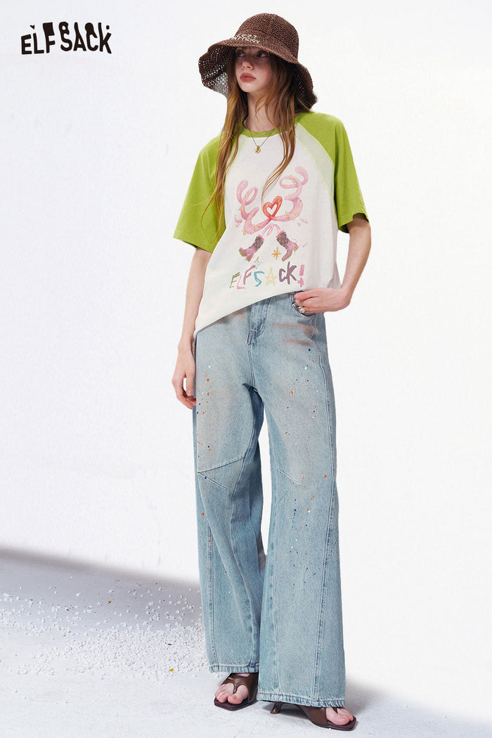 ELFSACK Raglan Sleeve Graphic Oversized T-Shirt