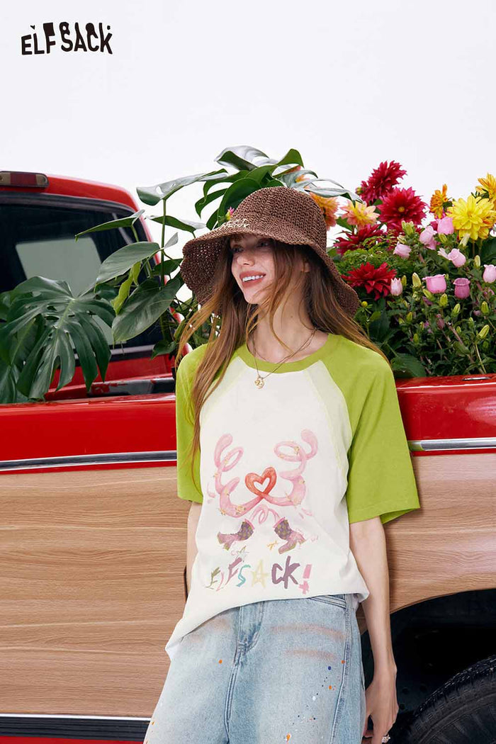 ELFSACK Raglan Sleeve Graphic Oversized T-Shirt
