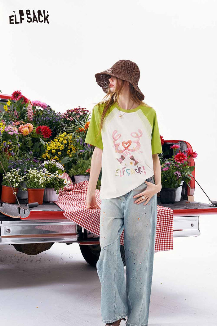 ELFSACK Raglan Sleeve Graphic Oversized T-Shirt