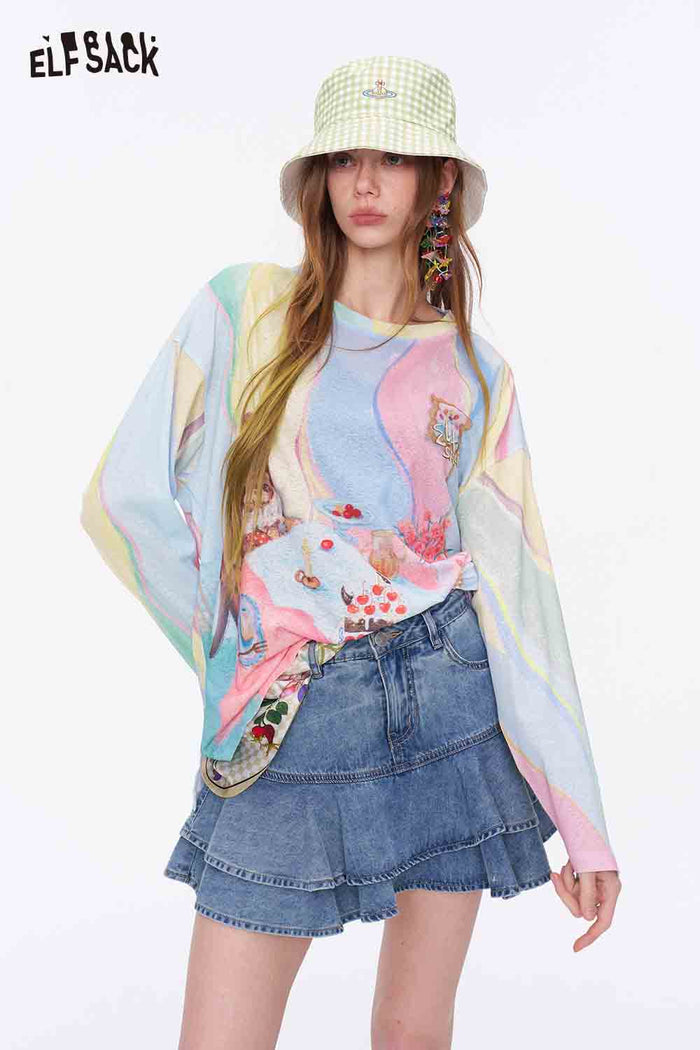 ELFSACK Rainbow Gradient Bear Print Loose Sweatshirt