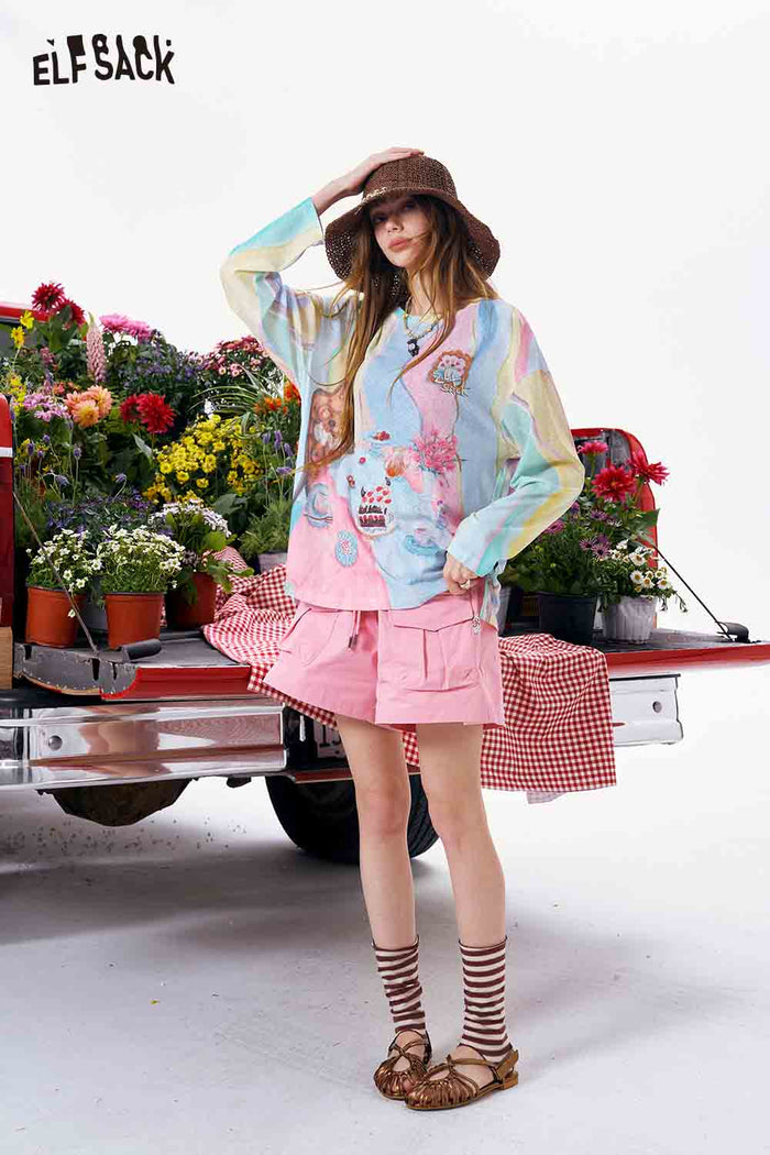ELFSACK Rainbow Gradient Bear Print Loose Sweatshirt