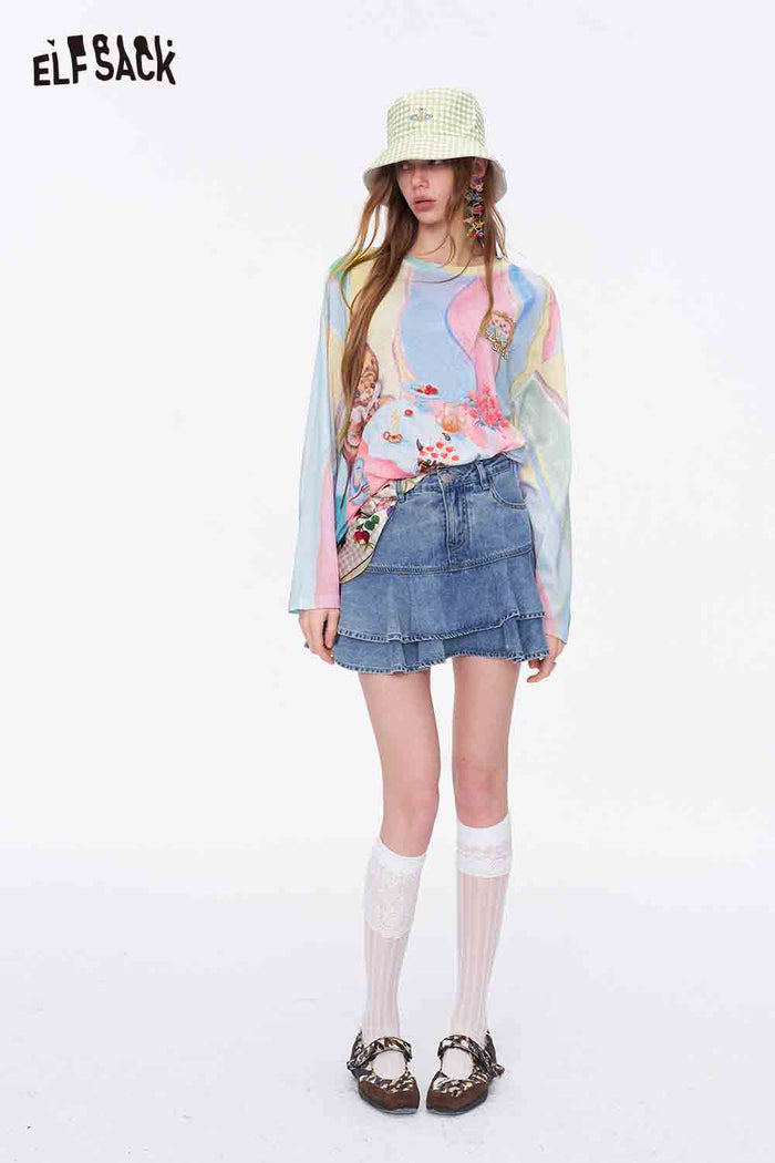 ELFSACK Rainbow Gradient Bear Print Loose Sweatshirt