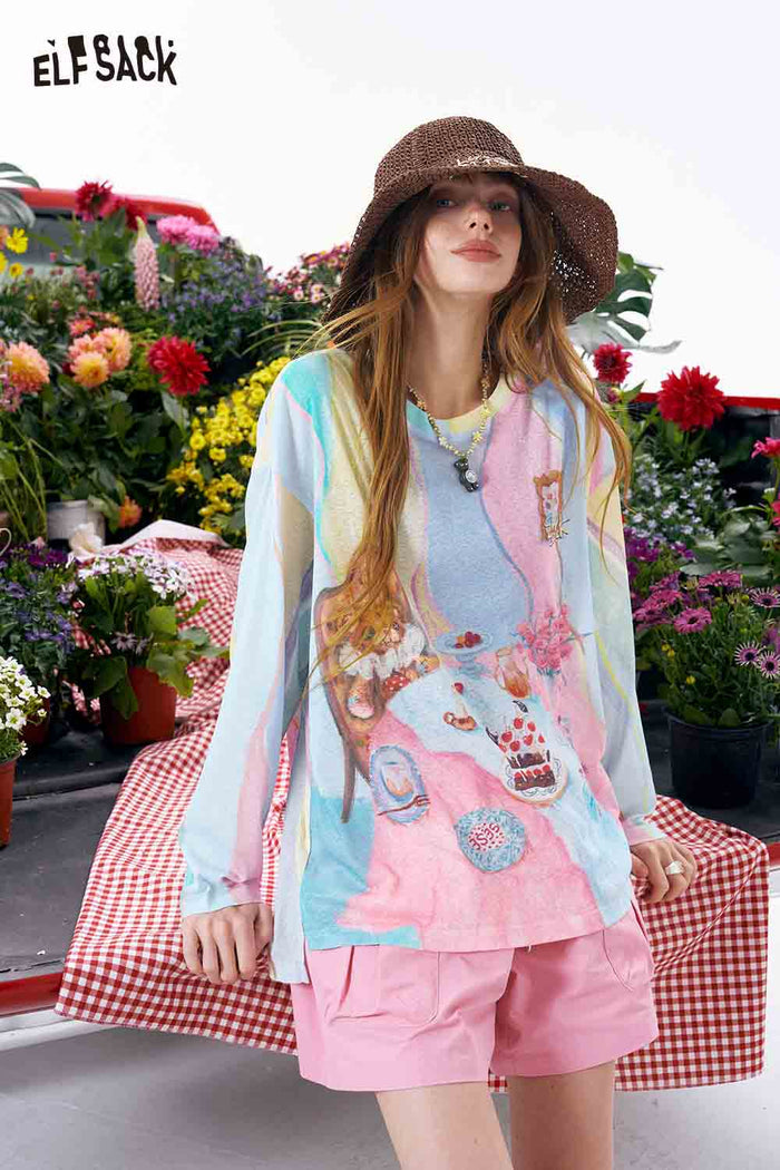 ELFSACK Rainbow Gradient Bear Print Loose Sweatshirt