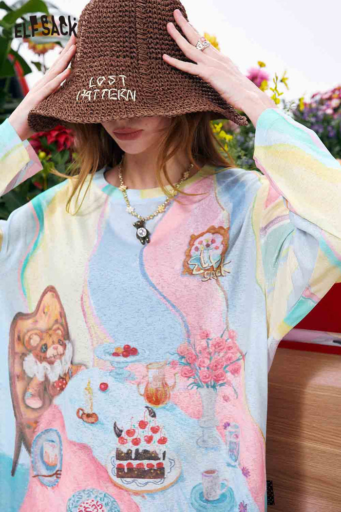 ELFSACK Rainbow Gradient Bear Print Loose Sweatshirt