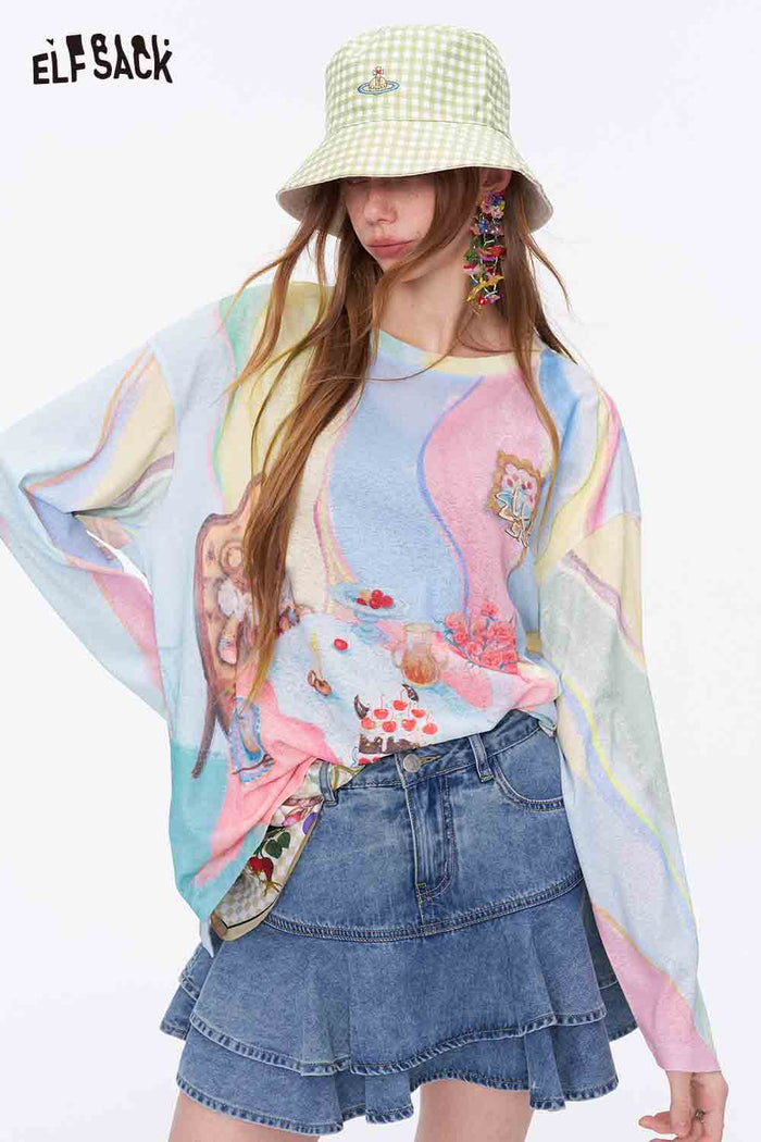 ELFSACK Rainbow Gradient Bear Print Loose Sweatshirt