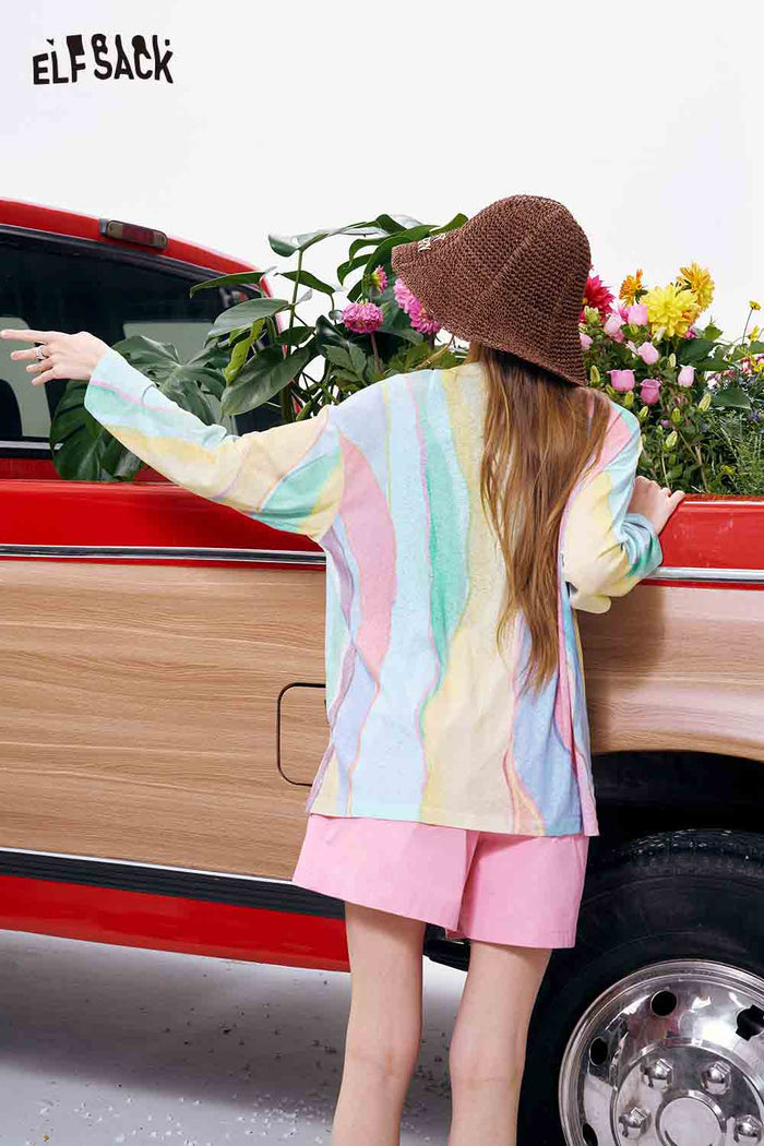 ELFSACK Rainbow Gradient Bear Print Loose Sweatshirt