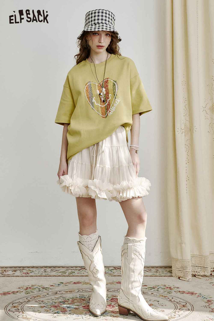 ELFSACK Rainbow Heart Print Oversized T Shirt