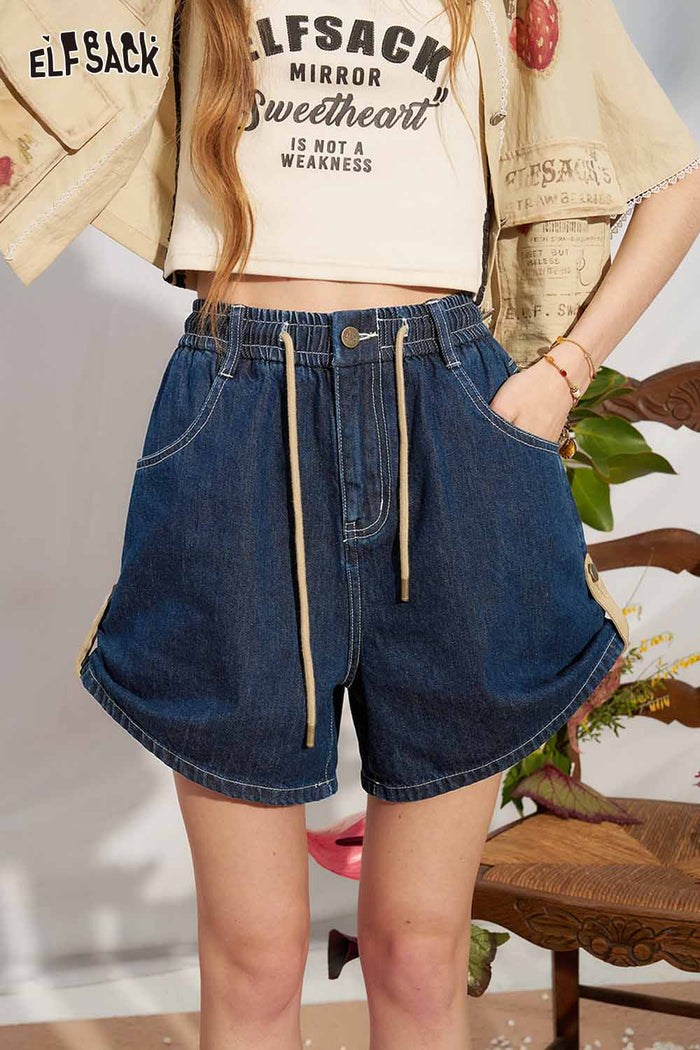 ELFSACK Raw Denim Drawstring Adjustable Denim Shorts