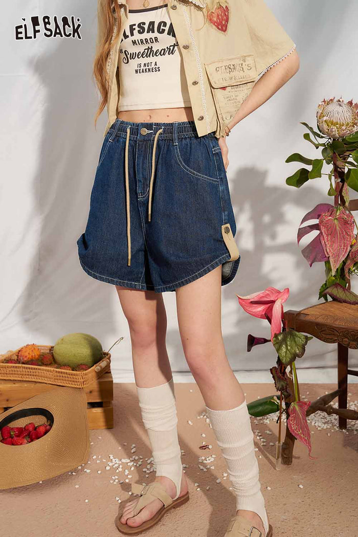 ELFSACK Raw Denim Drawstring Adjustable Denim Shorts