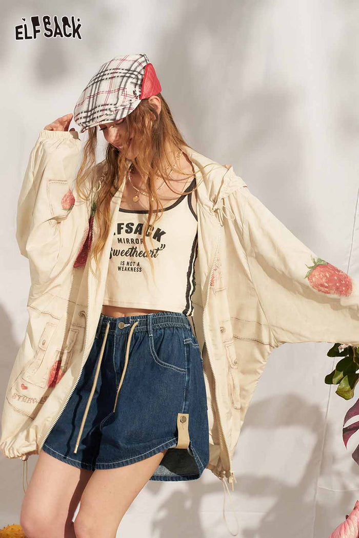ELFSACK Raw Denim Drawstring Adjustable Denim Shorts