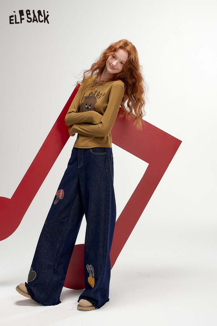 ELFSACK Raw Edge Graphic Wide Leg Straight Floor Length Jeans