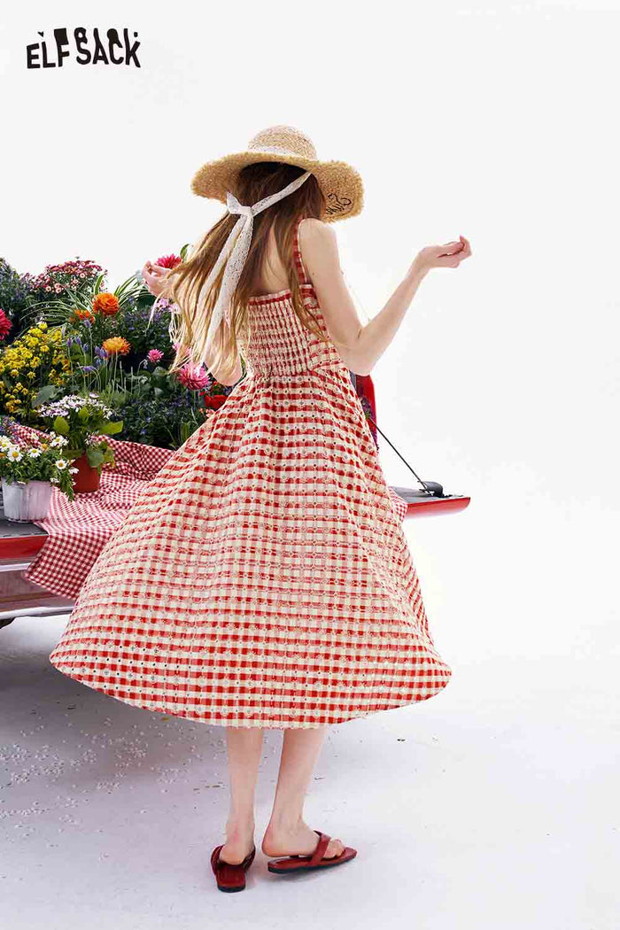 ELFSACK Red Gingham Beaded Tie A-Line Midi Dress