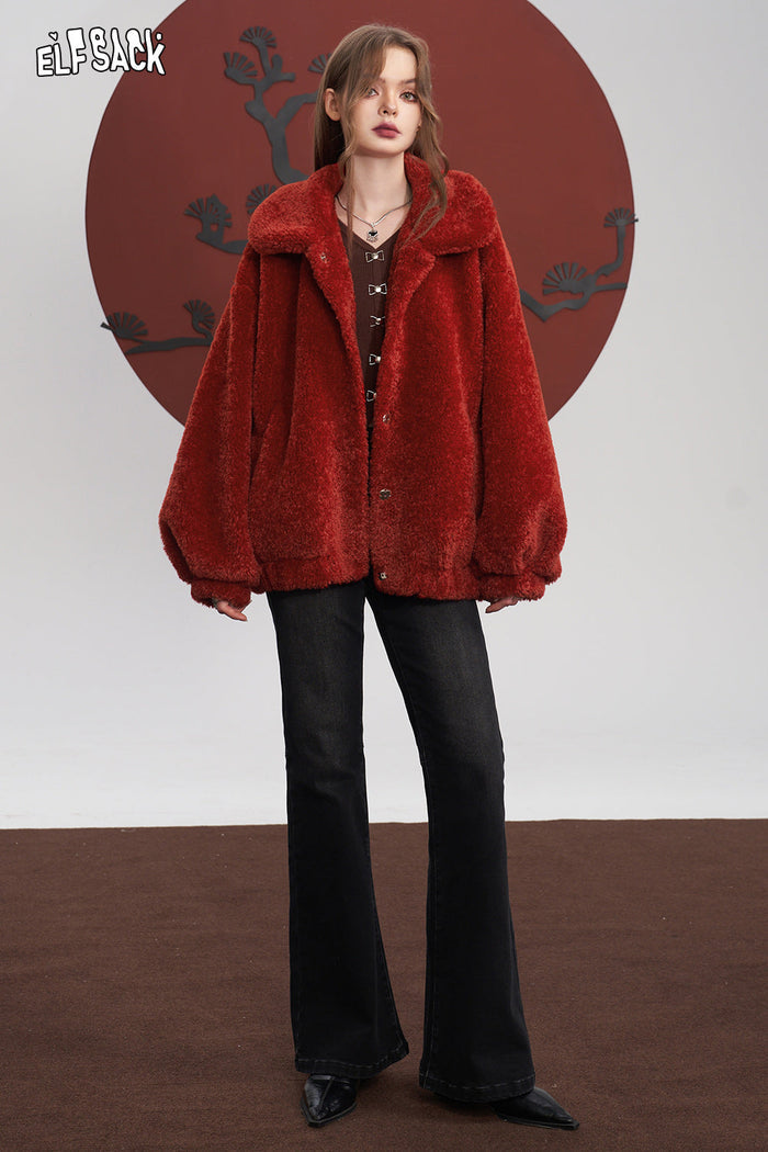 ELFSACK Red Thickening Plush Coats Women Warm Jackets