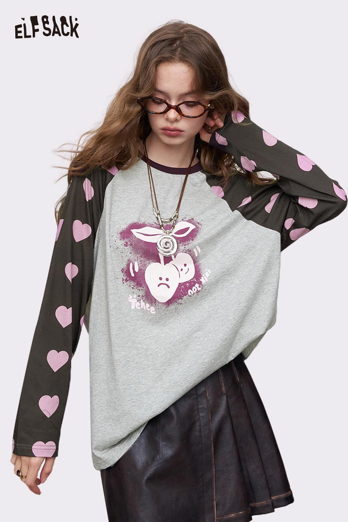 ELFSACK Relaxed Fit Cotton with Strawberry Print and Contrast Heart Detail Long Sleeve Tee