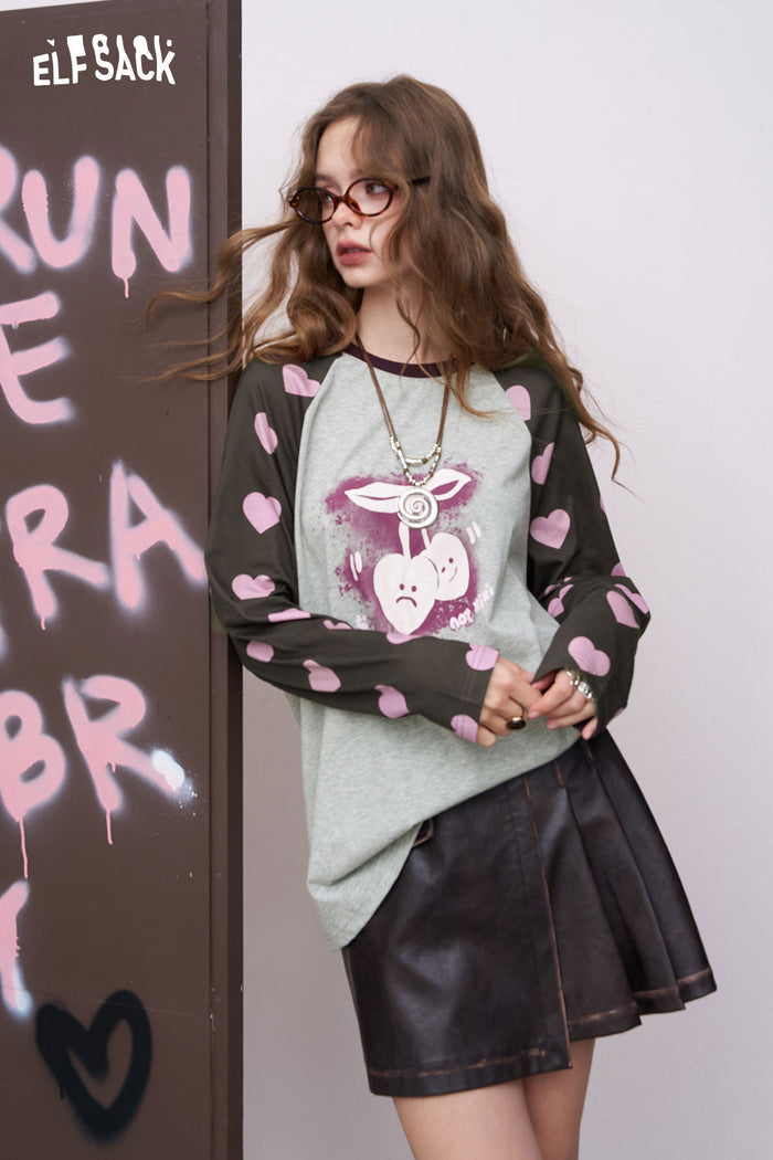 ELFSACK Relaxed Fit Cotton with Strawberry Print and Contrast Heart Detail Long Sleeve Tee