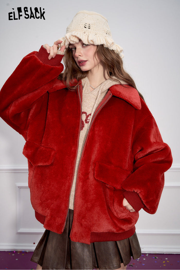 ELFSACK Retro khaki loose collar imitation plush thick coat