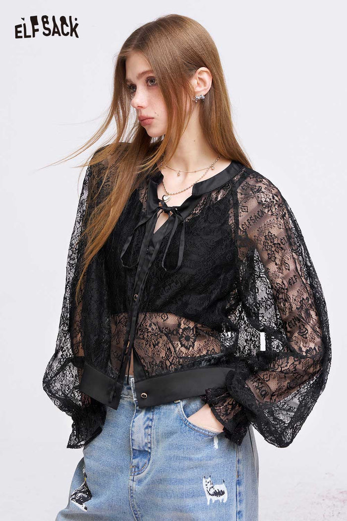 ELFSACK Retro Lace Blouse with Tie-up Bow