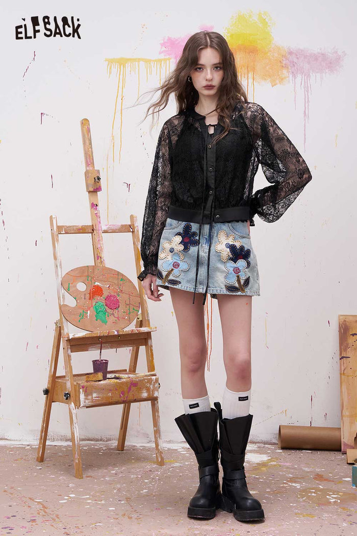 ELFSACK Retro Lace Blouse with Tie-up Bow