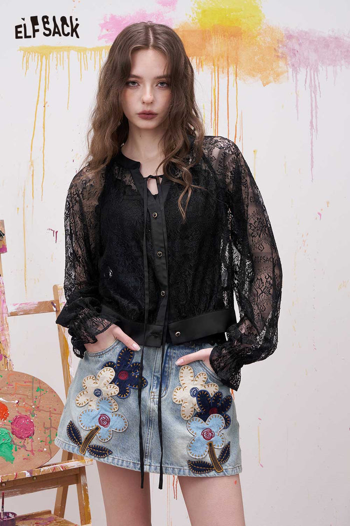 ELFSACK Retro Lace Blouse with Tie-up Bow