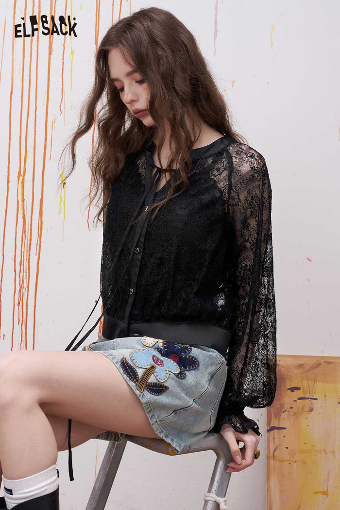 ELFSACK Retro Lace Blouse with Tie-up Bow