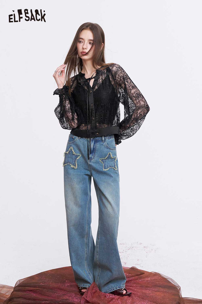ELFSACK Retro Lace Blouse with Tie-up Bow