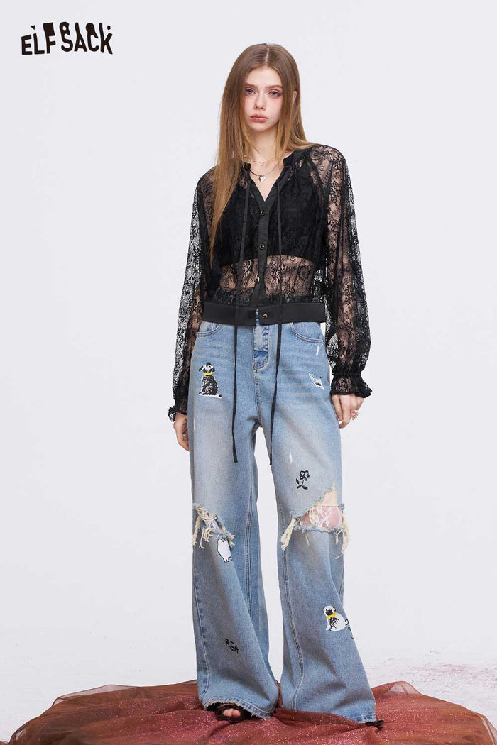 ELFSACK Retro Lace Blouse with Tie-up Bow