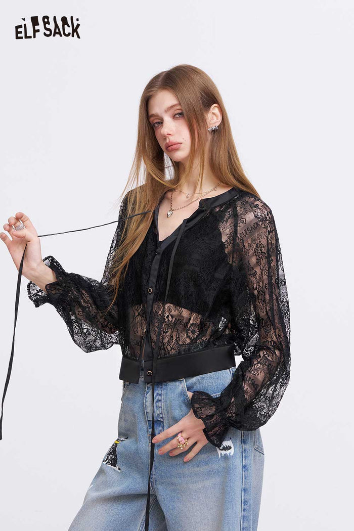 ELFSACK Retro Lace Blouse with Tie-up Bow