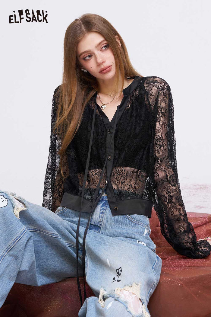 ELFSACK Retro Lace Blouse with Tie-up Bow