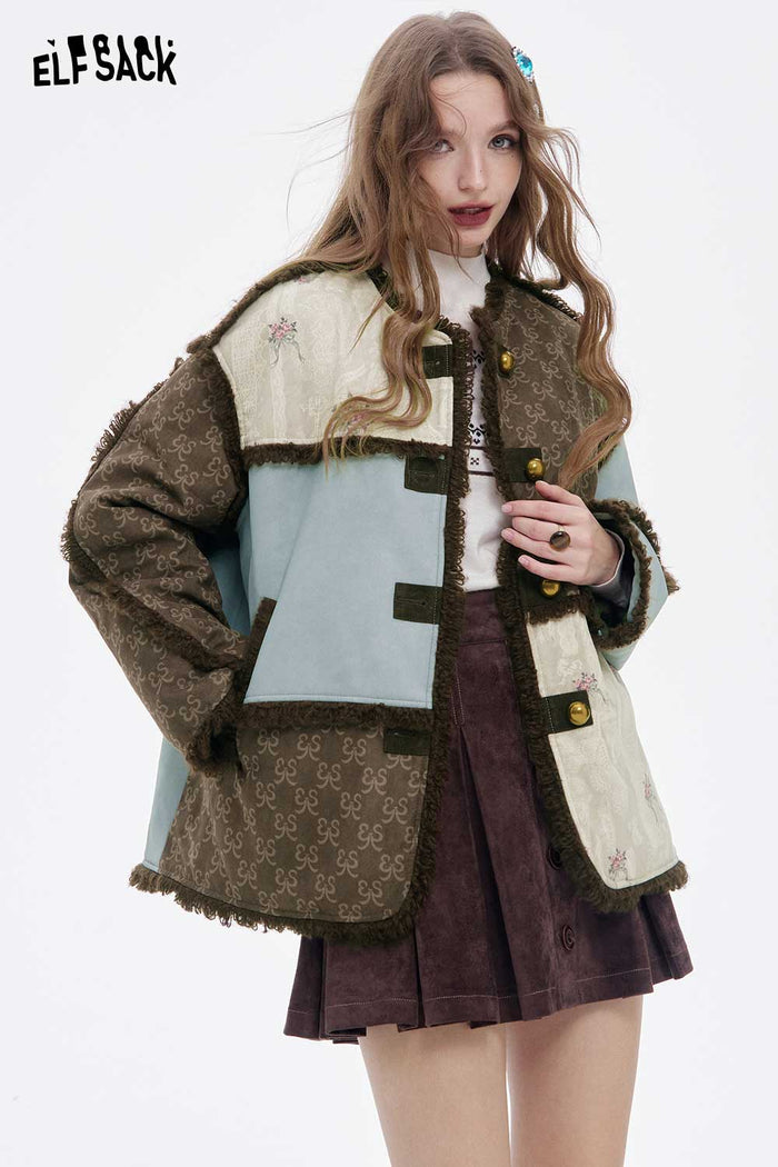 ELFSACK Retro Plush Trim Patchwork Jacket